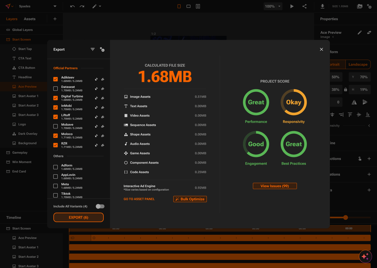 The PLAY export dialog, one click from every partner network